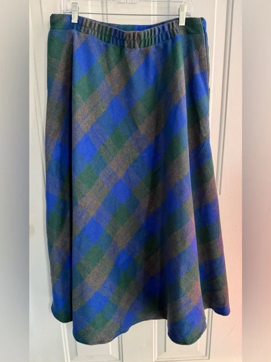 NWT EBOSSY Plaid Midi Skirt Blue Green Wool Blend SIZE XXL Flare Pockets - Picture 7 of 12